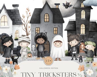 Cute Halloween Clipart - Trick or treat Clipart - Halloween Night - Kids in Halloween Costumes Clipart - Kids Halloween - Commercial Use