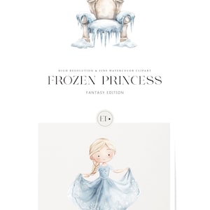 May include: Watercolour illustration of a princess in a blue dress with a crown and a throne covered in snow and icicles. The text "FROZEN PRINCESS FANTASY EDITION" is below the image.