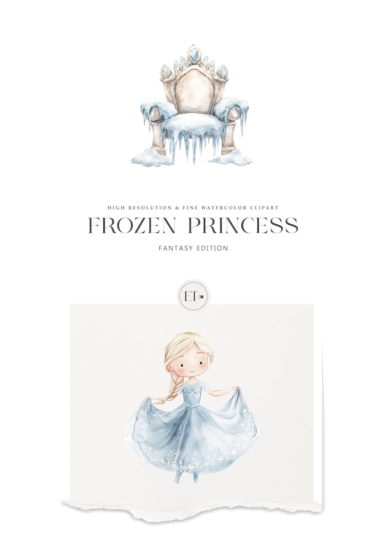 May include: Watercolour illustration of a princess in a blue dress with a crown and a throne covered in snow and icicles. The text "FROZEN PRINCESS FANTASY EDITION" is below the image.