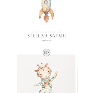 May include: Watercolor illustration of a giraffe wearing an astronaut suit and a helmet. The giraffe is waving with its right hand. The illustration is on a white background with a torn edge.