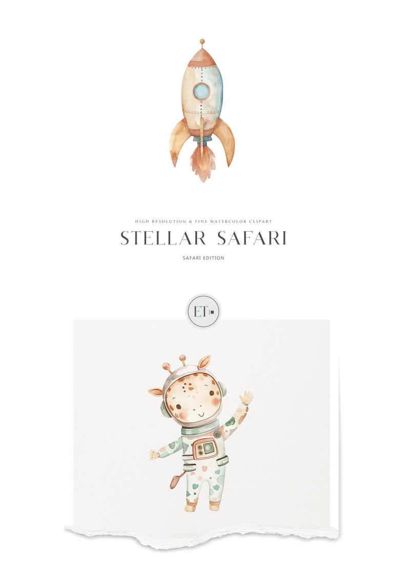 May include: Watercolor illustration of a giraffe wearing an astronaut suit and a helmet. The giraffe is waving with its right hand. The illustration is on a white background with a torn edge.