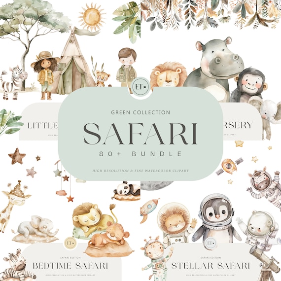 Cute Safari Clipart Bundle - Watercolor Safari - Safari Tour Clipart - Sleeping Animals - Safari Animals - COMMERCIAL LICENSE INCLUDED