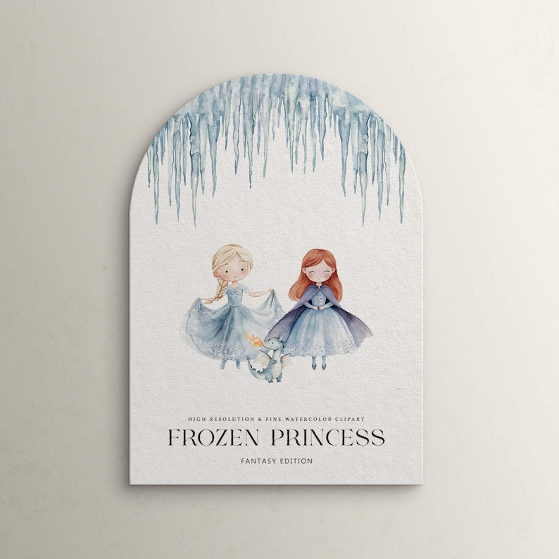 May include: Two watercolour illustrations of princesses in blue dresses with a small blue dragon in front of them. The princesses are standing in front of a blue and white icicle arch. The text "FROZEN PRINCESS FANTASY EDITION" is at the bottom of the image.
