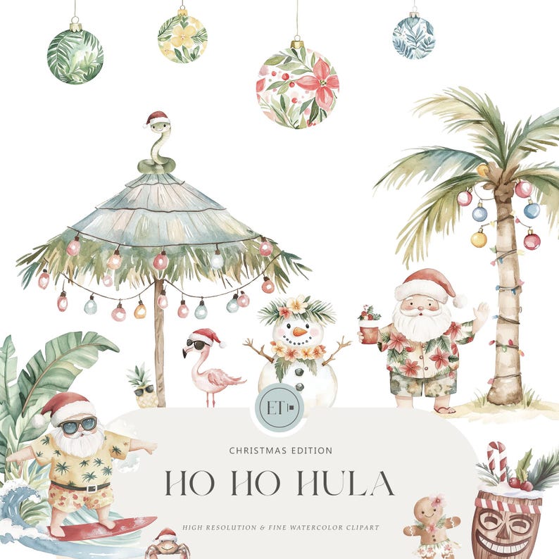 Peut inclure: Illustration aquarelle d'un luau hawa&iuml;en sur le th&egrave;me de No&euml;l avec le P&egrave;re No&euml;l, un bonhomme de neige, un flamant rose, un tiki, un personnage en pain d'&eacute;pices et un palmier. Le texte "Ho Ho Hula" est &eacute;crit sur l'image.