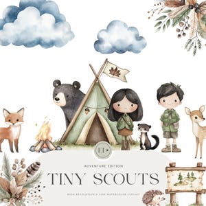 Lindo Scout Clipart - Clipart de acuarela - Cliparts para niños - Fiesta de cumpleaños infantil, Guardería en el bosque - LICENCIA COMERCIAL INCLUIDA