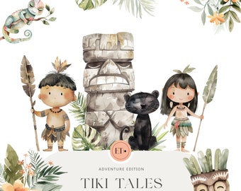 Cute Tiki Clipart -  Watercolor Clipart- Polynesian Princess - Hawaii Clipart - Tropical - Flower Bouquet - COMMERCIAL LICENSE INCLUDED