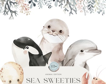 Cute Ocean Animals Clipart - Watercolor Clipart - Sealife - Underwater Animals - Animal Nursery - Cute Animals - COMMERCIAL LICENSE INCLUDED