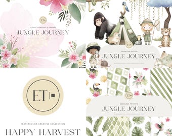 Watercolor Jungle Clipart Bundle: Animals, Florals, Seamless Patterns - Commercial Use