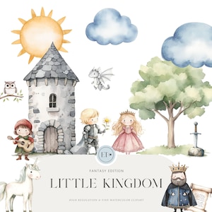 Clipart carino del regno - Clipart acquerello - Grafica principessa - Unicorno - Principe - Clipart compleanno bambini - LICENZA COMMERCIALE INCLUSA