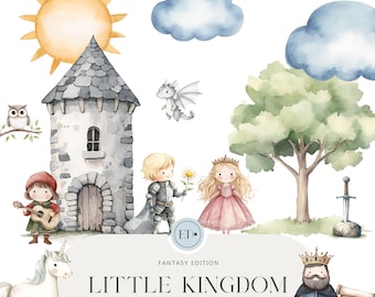 Watercolor Kingdom Clipart: Princess, Prince, Unicorn (Commercial License)