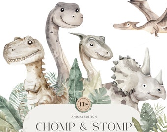 Cute Dinosaur Clipart Set - Watercolor Clipart - T-Rex - Prehistoric Clipart - Dinosaur Nursery - Cute Dino - COMMERCIAL LICENSE INCLUDED