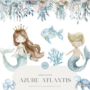 Clipart sirène de chambre d'enfant - Clipart bleu poussiéreux aquarelle - Atlantis - dauphin - trésor - marine - LICENCE COMMERCIALE INCLUS