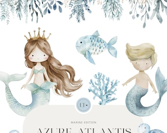 May include: Watercolor clipart set featuring a mermaid and merman with a crown, fish, coral, octopus, and turtle. The set is titled "Azure Atlantis" and is a marine edition.