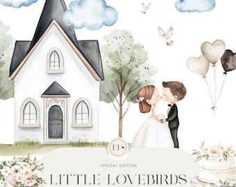 May include: Watercolor illustration of a wedding scene with a white chapel, two trees, a bride and groom kissing, a wedding cake, a bouquet of flowers, and a pair of gold rings. The text "Little Lovebirds" is written in a decorative font.