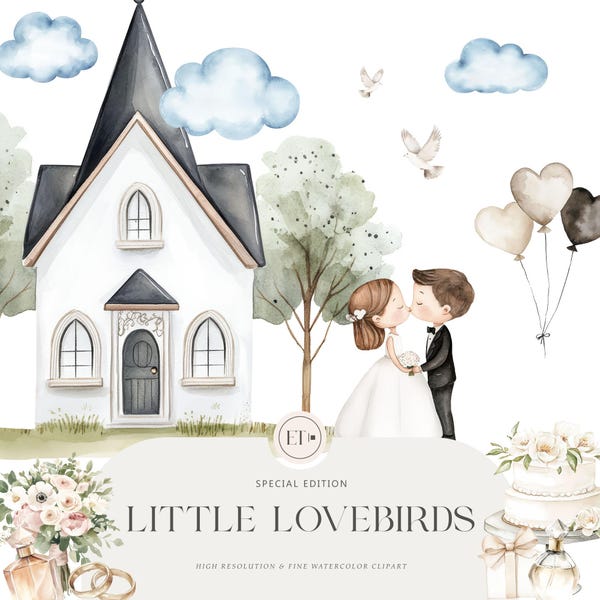 Cute Wedding Clipart - Cute Bride - Engagement Clipart - Couple Clipart - Watercolor Clipart - COMMERCIAL LICENSE INCLUDED