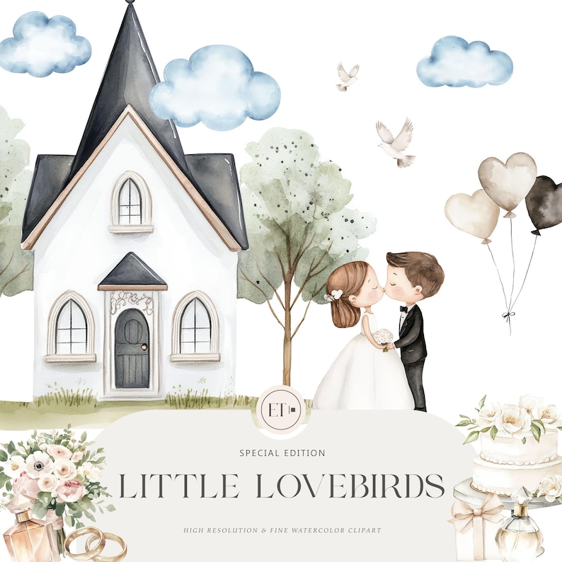 May include: Watercolor illustration of a wedding scene with a white chapel, two trees, a bride and groom kissing, a wedding cake, a bouquet of flowers, and a pair of gold rings. The text "Little Lovebirds" is written in a decorative font.
