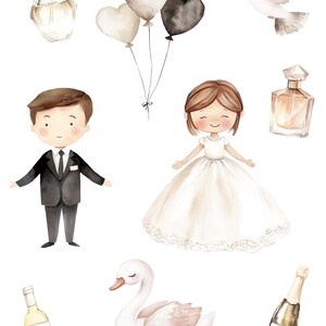 May include: Watercolor illustration of a wedding theme with a bride and groom, a swan, champagne flutes, wine bottles, perfume bottles, and heart-shaped balloons. The illustration is in a soft, romantic style with muted colors.