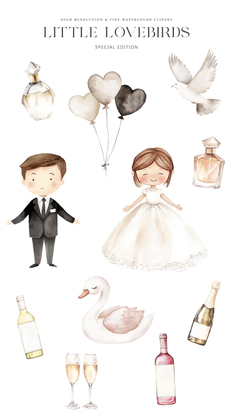 May include: Watercolor illustration of a wedding theme with a bride and groom, a swan, champagne flutes, wine bottles, perfume bottles, and heart-shaped balloons. The illustration is in a soft, romantic style with muted colors.