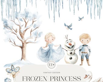 May include: Watercolor illustration of a winter scene with a princess, a snowman, a knight, a swan, a dragon, and a wand. The illustration is in a light blue and white color scheme and features a whimsical and magical theme. The text "Frozen Princess" is written in a decorative font.