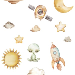 May include: A set of watercolor illustrations featuring space-themed imagery, including a spaceship, a rocket, a UFO, a telescope, a sun, a moon, stars, clouds, and an alien. The illustrations are in a whimsical style and are perfect for adding a touch of fun to any project.