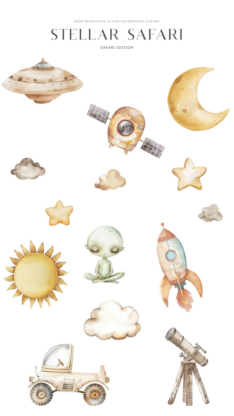 May include: A set of watercolor illustrations featuring space-themed imagery, including a spaceship, a rocket, a UFO, a telescope, a sun, a moon, stars, clouds, and an alien. The illustrations are in a whimsical style and are perfect for adding a touch of fun to any project.