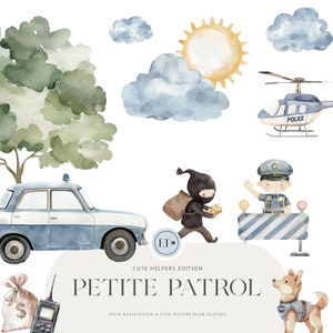Niedliche Polizei Clipart - Aquarell Clipart - Polizeihund - Bankräuber - Polizeiauto - Polizei Abteilung - KOMMERZIELLE LIZENZ ENTHALTEN