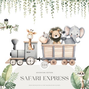 May include: Watercolor illustration of a safari train with a giraffe, hippo, lion, zebra, and elephant. A green snake in a conductor's hat sits on a branch. The text "Safari Express" is displayed below the train.