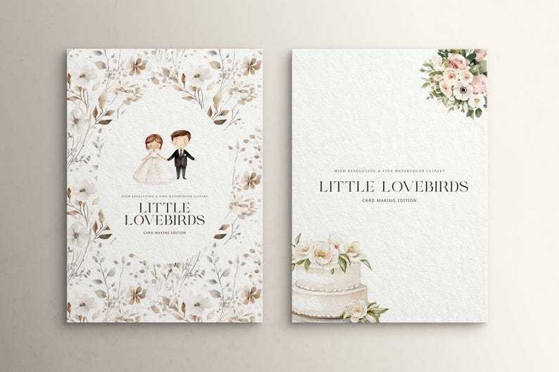 May include: Two watercolor illustrations for a wedding card making kit. The first illustration features a bride and groom in front of a floral border. The second illustration features a wedding cake with flowers. The text "Little Lovebirds Card Making Edition" is featured on both illustrations.
