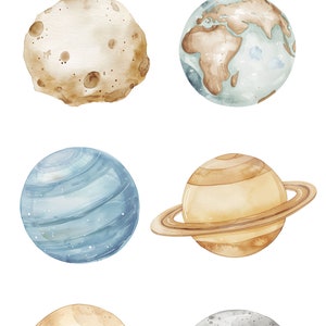 May include: A set of six watercolor illustrations of planets and moons. The planets are painted in shades of blue, brown, and beige. The moons are painted in shades of gray and white. The illustrations are perfect for adding a touch of whimsy to any space.