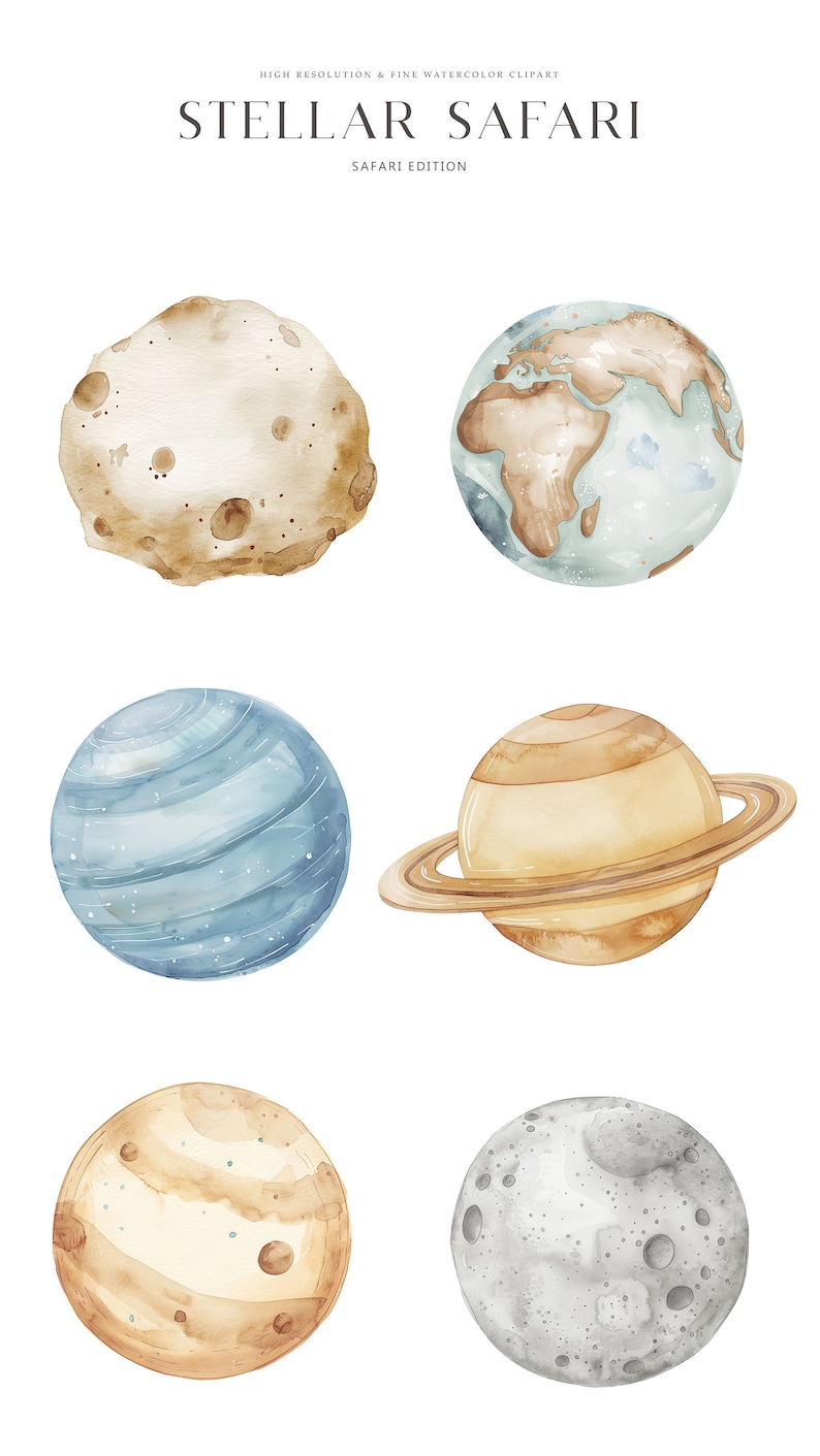 May include: A set of six watercolor illustrations of planets and moons. The planets are painted in shades of blue, brown, and beige. The moons are painted in shades of gray and white. The illustrations are perfect for adding a touch of whimsy to any space.