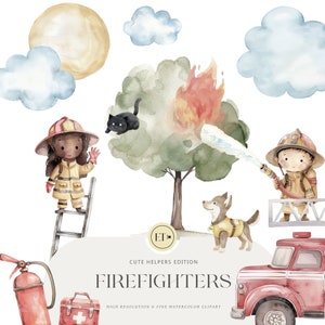 Clipart mignon de pompiers - clipart aquarelle - extincteur - maison en feu - camion de pompier - chien de sauvetage - LICENCE COMMERCIALE INCLUS