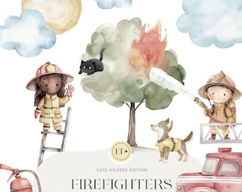 Könnte beinhalten: Aquarell-Illustration eines Feuerwehrautos, zweier Feuerwehrleute, eines Hundes, einer Katze, eines brennenden Baumes, einer Leiter, eines Erste-Hilfe-Koffers und eines Feuerlöschers. Die Illustration trägt den Titel "Cute Helpers Edition Firefighters".