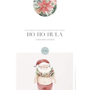 Peut inclure: Illustration aquarelle de P&egrave;re No&euml;l portant un collier de fleurs et un short de bain rouge. Le texte "Ho Ho Hula" est &eacute;crit en police d&eacute;corative au-dessus de l'image.