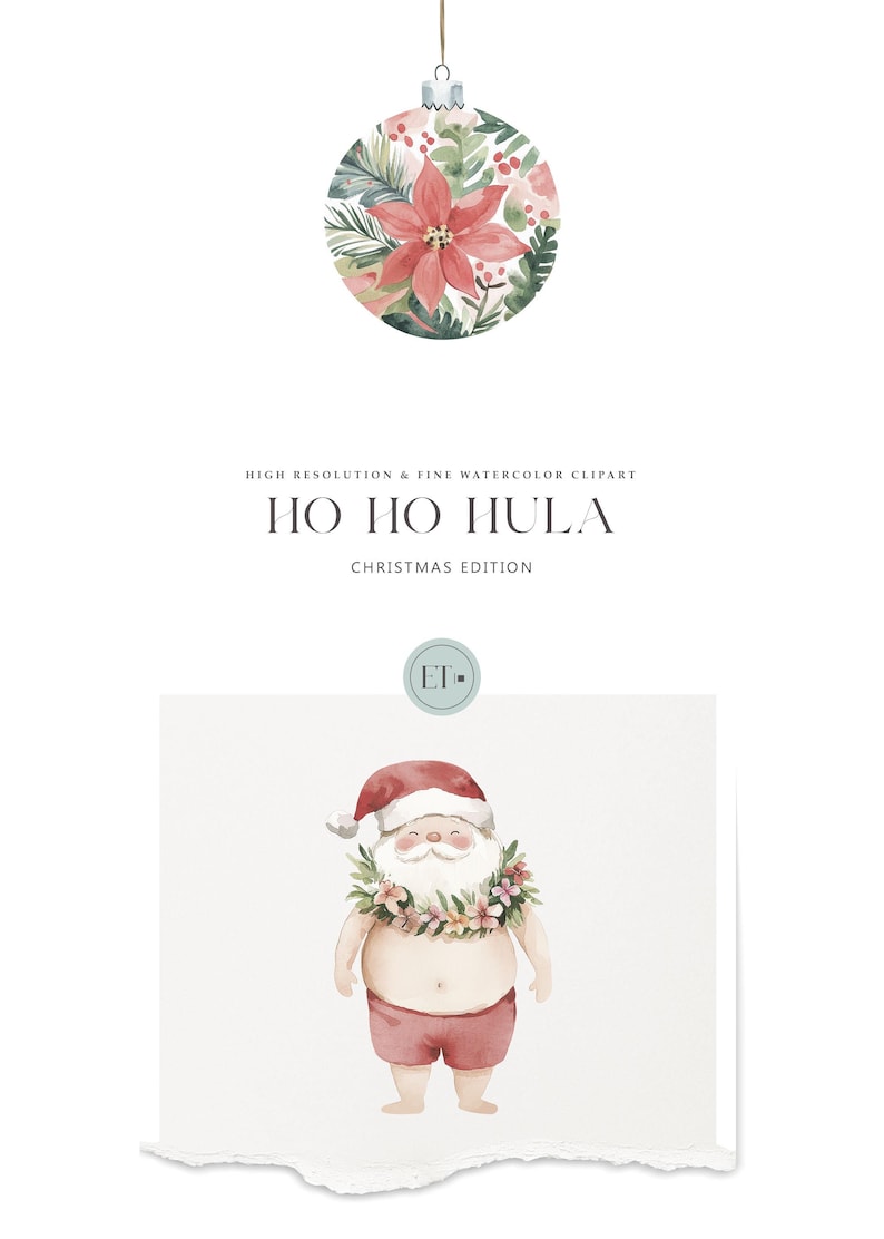 Peut inclure: Illustration aquarelle de P&egrave;re No&euml;l portant un collier de fleurs et un short de bain rouge. Le texte "Ho Ho Hula" est &eacute;crit en police d&eacute;corative au-dessus de l'image.