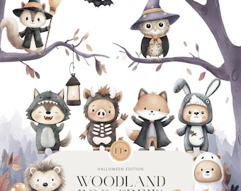 Cute Halloween dressed Woodland Animals - Watercolor Clipart - Whimsical Woodland - Nursery Clipart - Kids Halloween - Commercial Use