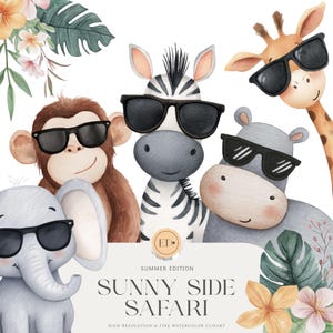 Imágenes prediseñadas de animales de safari con gafas de sol - Acuarela de vivero de selva, imágenes prediseñadas de verano para niños, fiesta de cumpleaños infantil, uso comercial