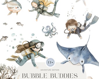 Cute Scuba Diver, Nursery Clipart - Watercolor Clipart - Ocean Animals - Sea Animals Clipart  - Ocean Nursery - COMMERCIAL LICENSE INCLUDED