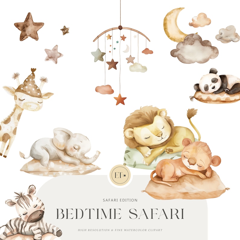 K&ouml;nnte beinhalten: Aquarell-Illustrationen zu einem Baby-Shower-Thema mit Safari-Tieren. Die Illustrationen zeigen eine Giraffe, einen Elefanten, einen L&ouml;wen, ein Zebra und einen Pandab&auml;ren. Die Tiere schlafen alle auf Kissen mit Sternen und Wolken im Hintergrund. Der Text "Bedtime Safari" ist in braunen Buchstaben auf wei&szlig;em Hintergrund geschrieben.