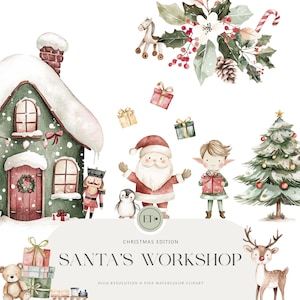 Lindo taller de Papá Noel - Lindo clipart navideño - Duendes navideños - Hombre de jengibre - Clipart de vacaciones - LICENCIA COMERCIAL INCLUIDA
