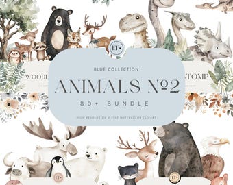 Cute Animal Clipart Set - Watercolor Graphics - Nursery Decor - Woodland Animals - Adorable Dino - Arctic Animals - Commercial Use