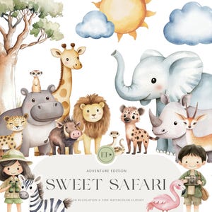 Niedliche Safari Kinderzimmer Clipart - Aquarell Safari Tiere - Baby Tiere - Wilder Geburtstag - Kinder Geburtstag Clipart - KOMMERZIELLE NUTZUNG