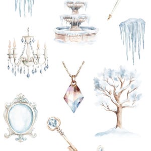 May include: Watercolour illustrations of a frozen princess theme. The set includes a throne, a fountain, a chandelier, a mirror, a key, a necklace, a wand, a tree, and icicles.