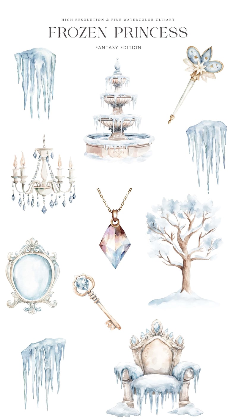May include: Watercolour illustrations of a frozen princess theme. The set includes a throne, a fountain, a chandelier, a mirror, a key, a necklace, a wand, a tree, and icicles.