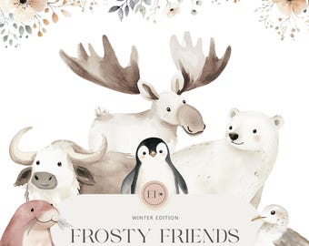 Puede incluir: Ilustración de acuarela de un grupo de animales de invierno, incluyendo un alce, un oso polar, un pingüino, un búfalo, una foca y una gaviota. Los animales son todos blancos con acentos marrones y se colocan sobre un fondo blanco. El texto "Frosty Friends" está escrito en marrón en la parte inferior de la imagen.