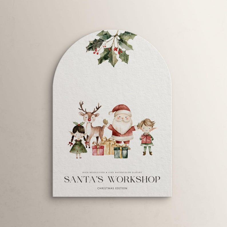 Peut inclure: Illustration aquarelle de P&egrave;re No&euml;l, un lutin, un renne et une fille tenant des cadeaux. L'illustration est sur fond blanc avec un brin de houx en haut. Le texte "Santa's Workshop Christmas Edition" est en bas de l'image.