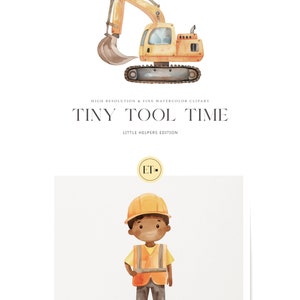 May include: Watercolor illustration featuring a yellow excavator and a construction worker. The excavator has a large scoop and treads. The construction worker is wearing a yellow hard hat and safety vest. Text reads "TINY TOOL TIME" and "LITTLE HELPERS EDITION."