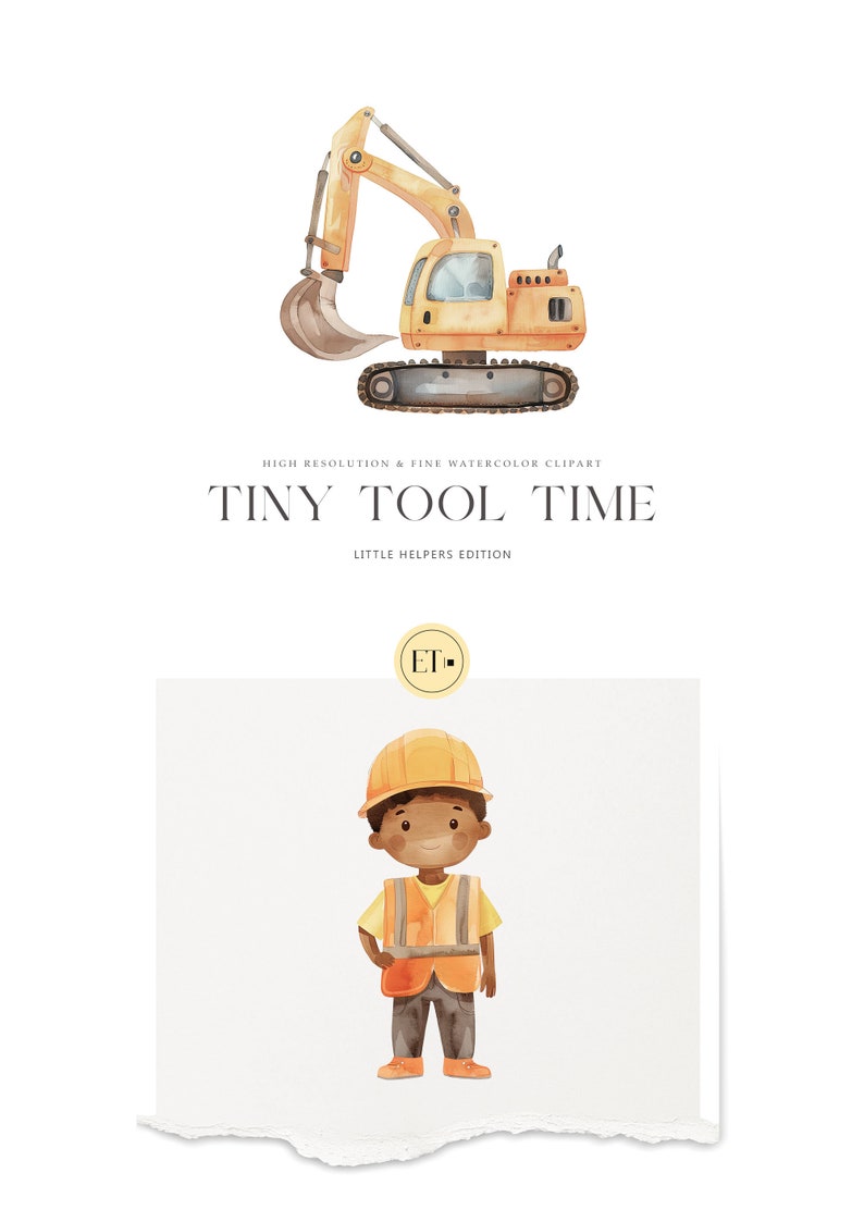 May include: Watercolor illustration featuring a yellow excavator and a construction worker. The excavator has a large scoop and treads. The construction worker is wearing a yellow hard hat and safety vest. Text reads "TINY TOOL TIME" and "LITTLE HELPERS EDITION."