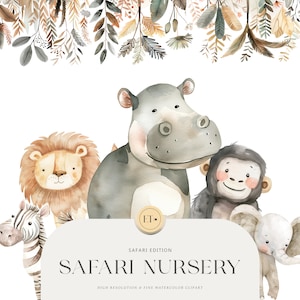 Safari kwekerij clipart-schattig aquarel dier-safari dieren-giraffe-olifant-leeuw-COMMERCIËLE LICENTIE INBEGREPEN