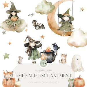Dulce Bruja Clipart - Lindo Halloween - Calabaza - Lindo Fantasma - Caprichoso - Niños Halloween - Murciélago -LICENCIA COMERCIAL INCLUIDA