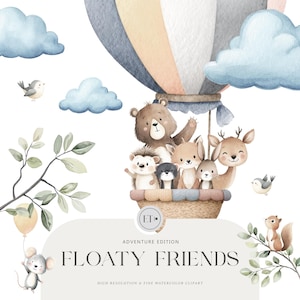 Clipart di una festa con palloncini, animali del bosco in mongolfiera, clipart di acquerelli, clipart di celebrazione, volpe, cuccioli, uso commerciale